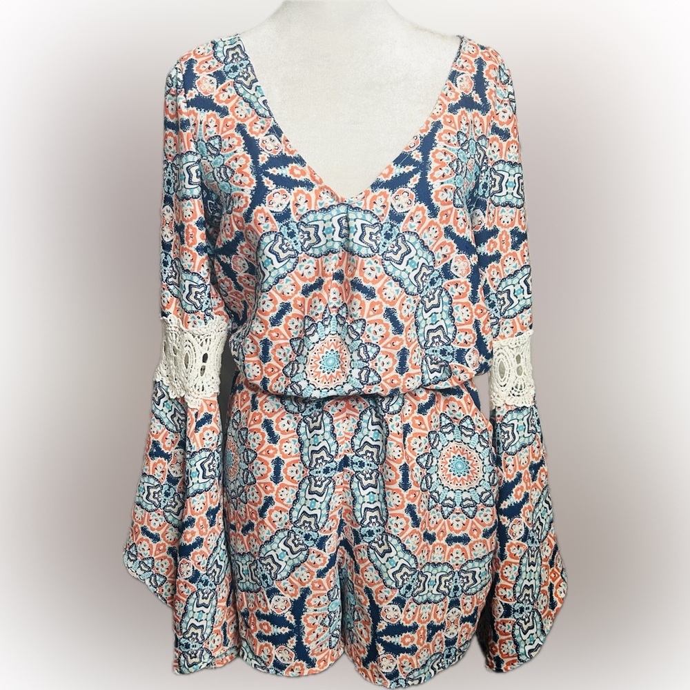 My Michelle SZ S Blue/orange boho bell sleeve romper w/lace accents/bust 36” - Picture 3 of 7